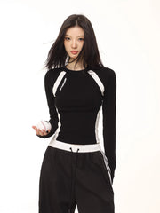 Women's Color Block Raglan Long Sleeve Top Slim Fit Sporty Tee