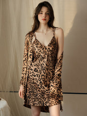 French Leopard Print Silky Satin Slip Dress & Robe Set