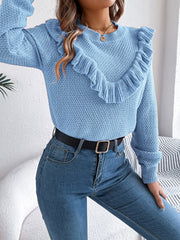 Elegant Gray Ruffle Trim Knit Sweater