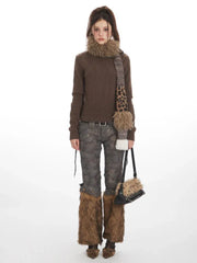 Y2K Chocolate Brown Hooded Knit Sweater - TEVQA