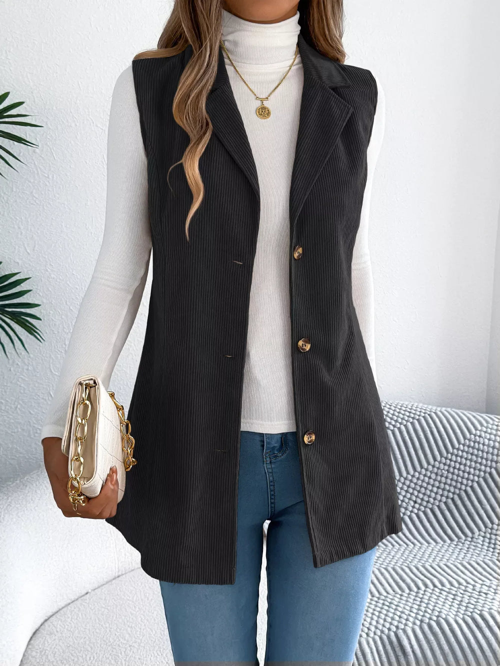 Beige Corduroy Button Down Vest - TEVQA