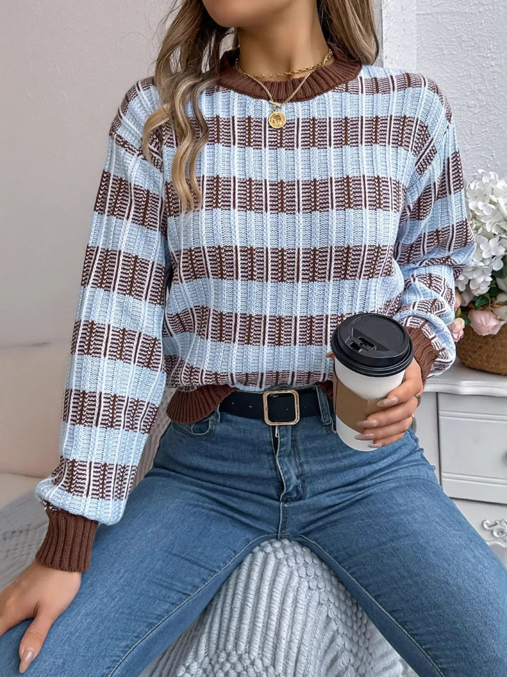 Vintage Lantern Sleeve Knit Sweater - Burgundy - TEVQA