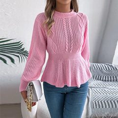White Cable Knit Peplum Sweater - TEVQA