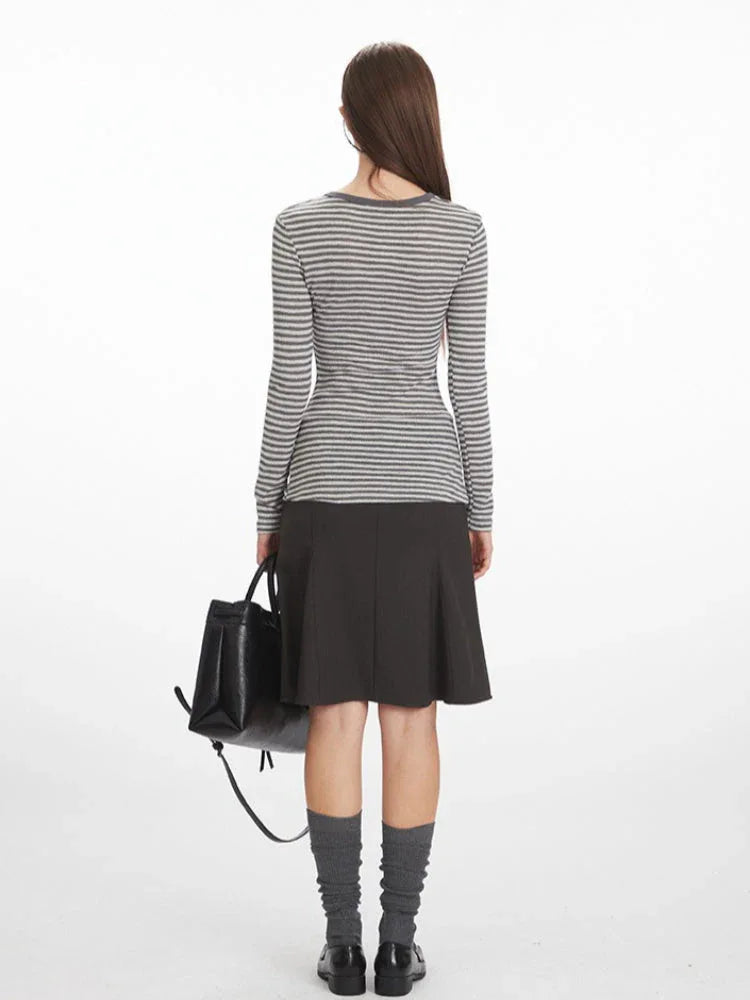 Vintage Grey Striped Henley Long Sleeve Top - TEVQA