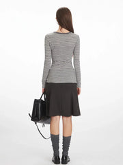 Vintage Grey Striped Henley Long Sleeve Top - TEVQA