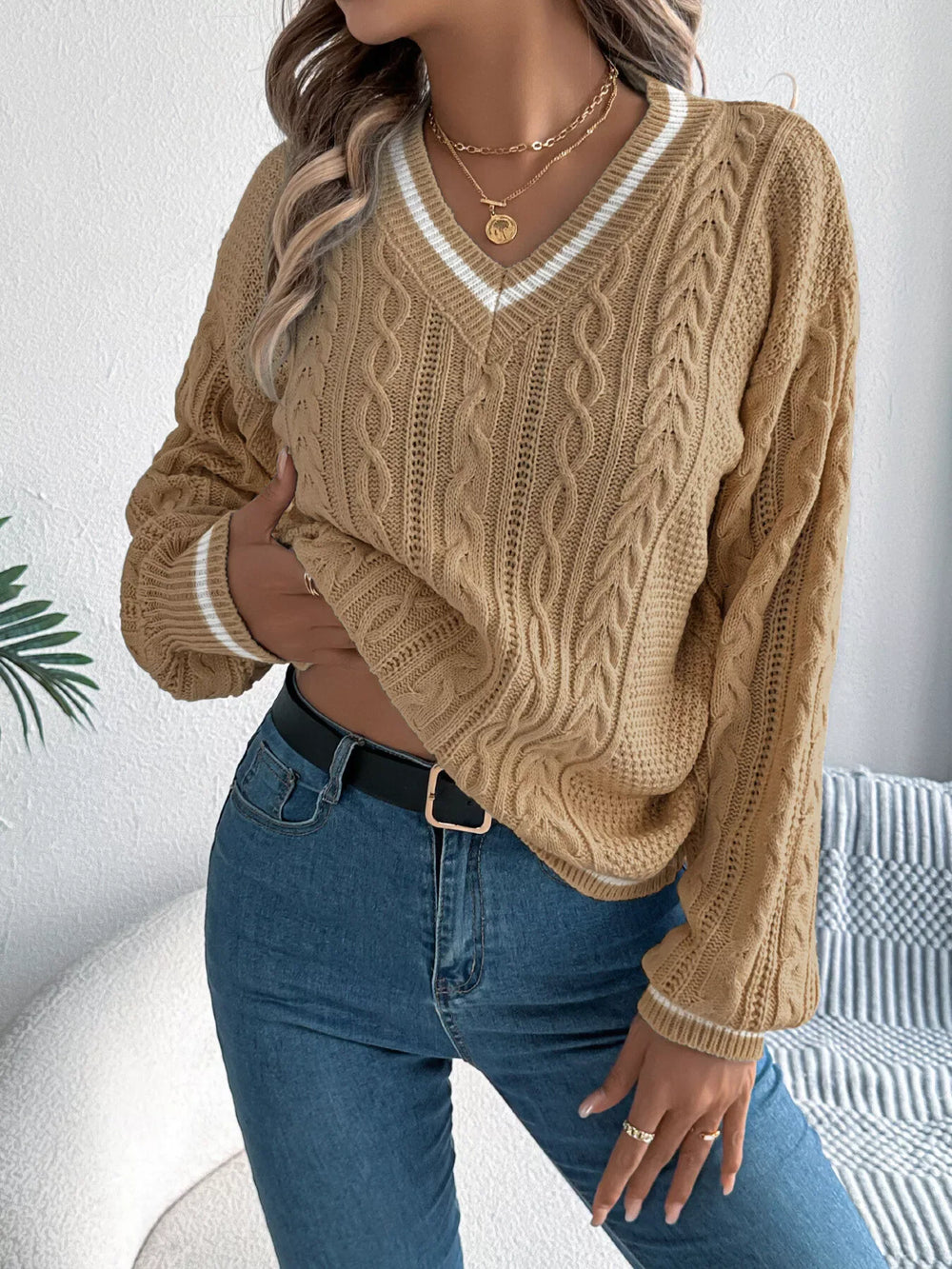 Cable Knit V-Neck Sweater - View 7 | TEVQA