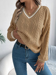 Cable Knit V-Neck Sweater - View 7 | TEVQA