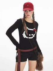Y2K Coquette Aesthetic Abstract Cat Graphic Long Sleeve Top - TEVQA