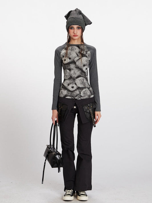 Vintage Grey Raglan Bear Graphic Top