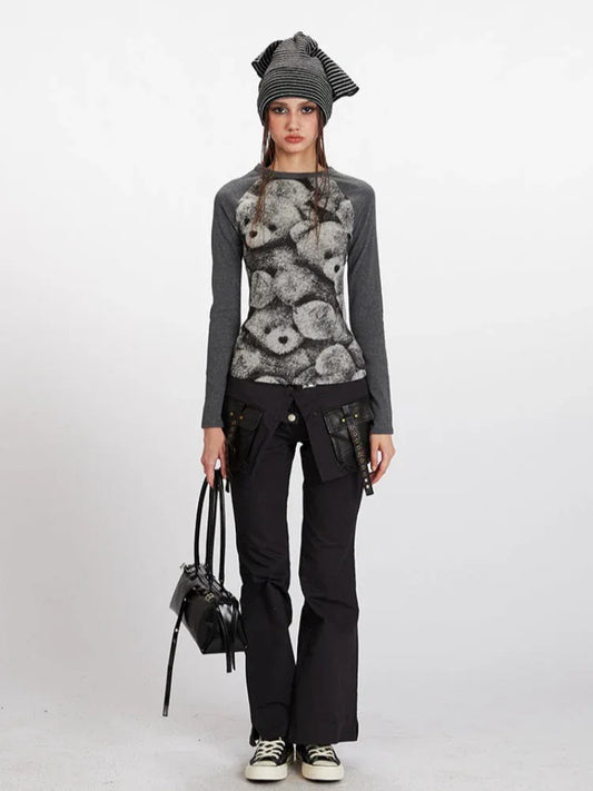 Vintage Grey Raglan Bear Graphic Top - TEVQA