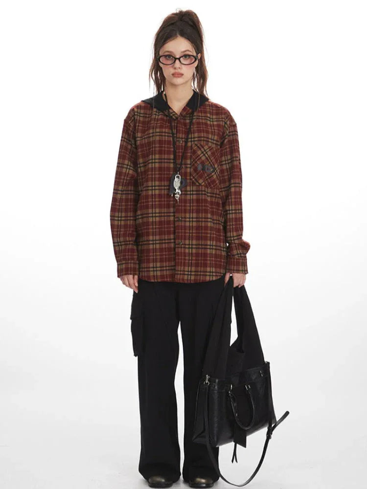 Vintage Red Plaid Hooded Flannel Shirt - TEVQA
