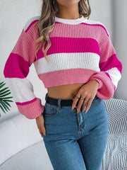 Sunset Boulevard Color Block Knit Crop Sweater - TEVQA