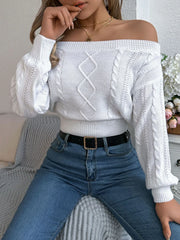 Khaki Off-Shoulder Cable Knit Sweater - View 15 | TEVQA