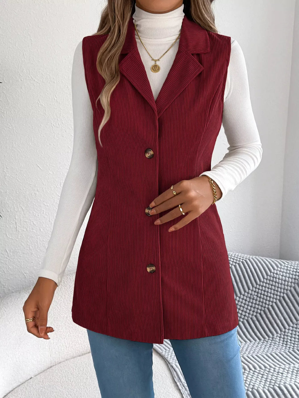 Beige Corduroy Button Down Vest - TEVQA