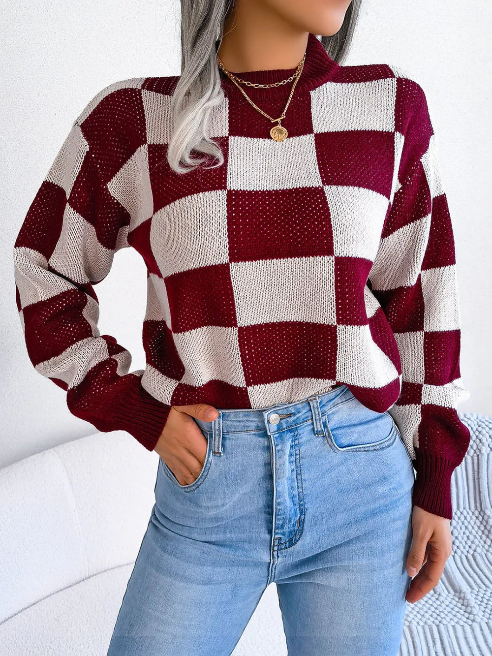 Black and white checkerboard knit mock neck sweater - View 15 | TEVQA