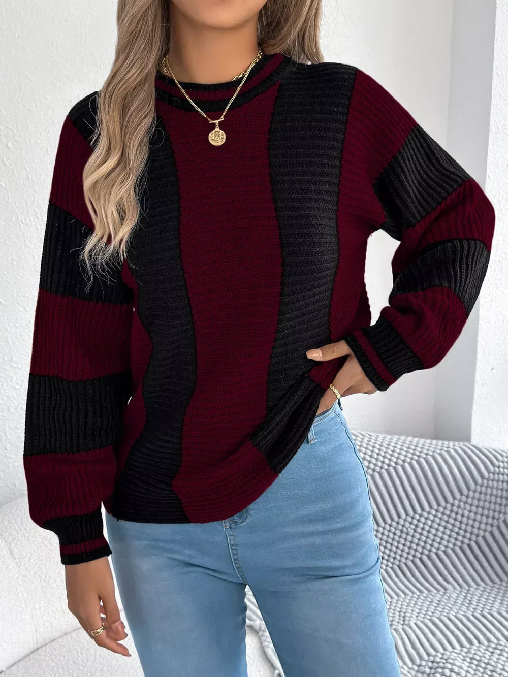 Vertical Stripe Knit Sweater - View 8 | TEVQA