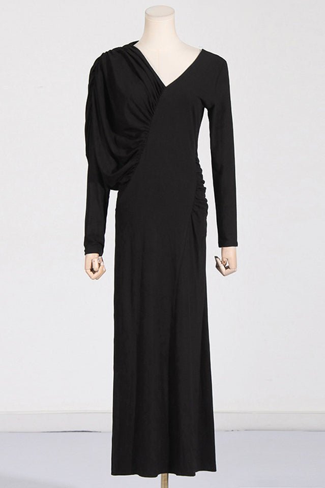 Asymmetric V - Neck Pleated Maxi Dress - Tevqa