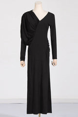 Asymmetric V - Neck Pleated Maxi Dress - Tevqa