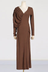 Asymmetric V - Neck Pleated Maxi Dress - Tevqa