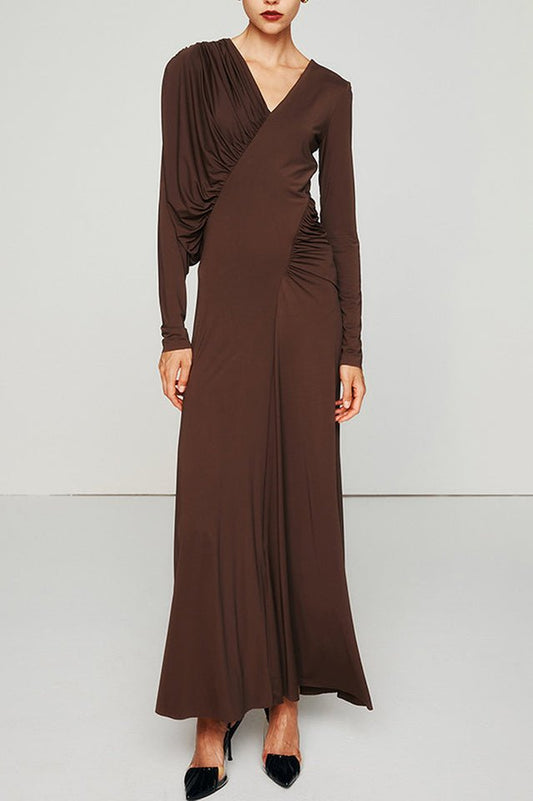 Asymmetric V - Neck Pleated Maxi Dress - Tevqa