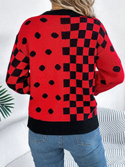 Gray Polka Dot & Checkerboard Knit Sweater - View 8 | TEVQA