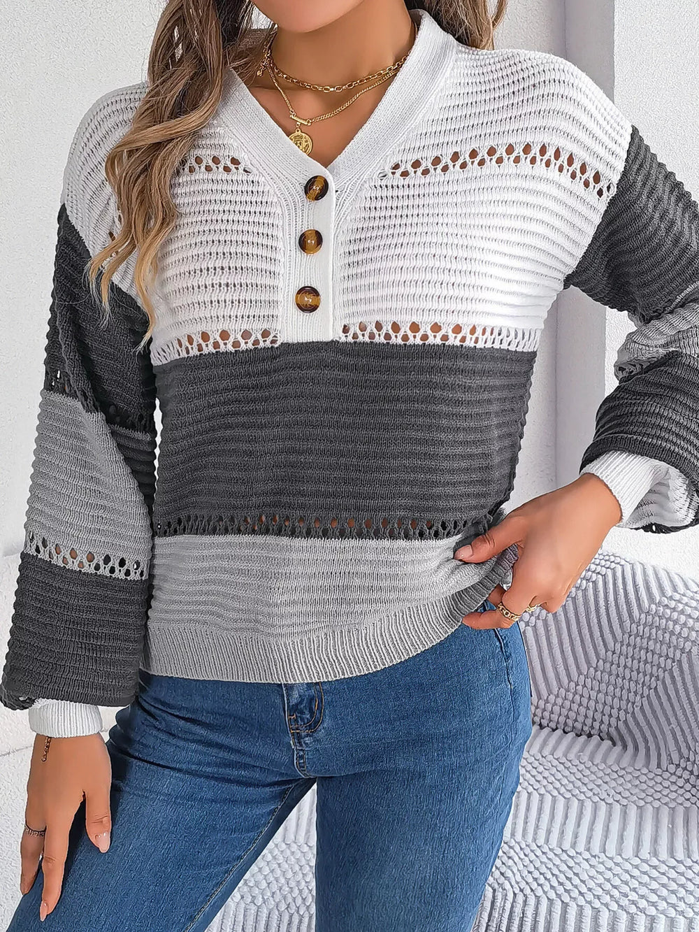 Color block knit henley sweater - View 12 | TEVQA