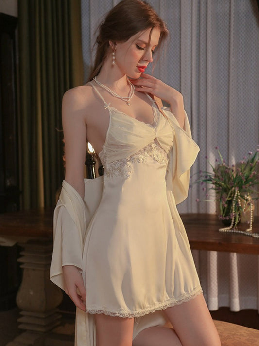 Vintage Cream | Twist-Front Lace & Mesh Satin Robe Set