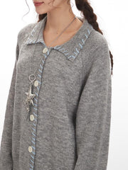 Retro Contrast Stitch Grey Cardigan - View 6 | TEVQA