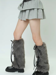 Pink Faux Fur Y2K Leg Warmers with Satin Ribbons