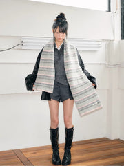 Soft Fair Isle Style Geometric Knit Scarf Grey Pink