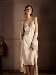 Ethereal Champagne Satin Lace Nightgown & Robe Set