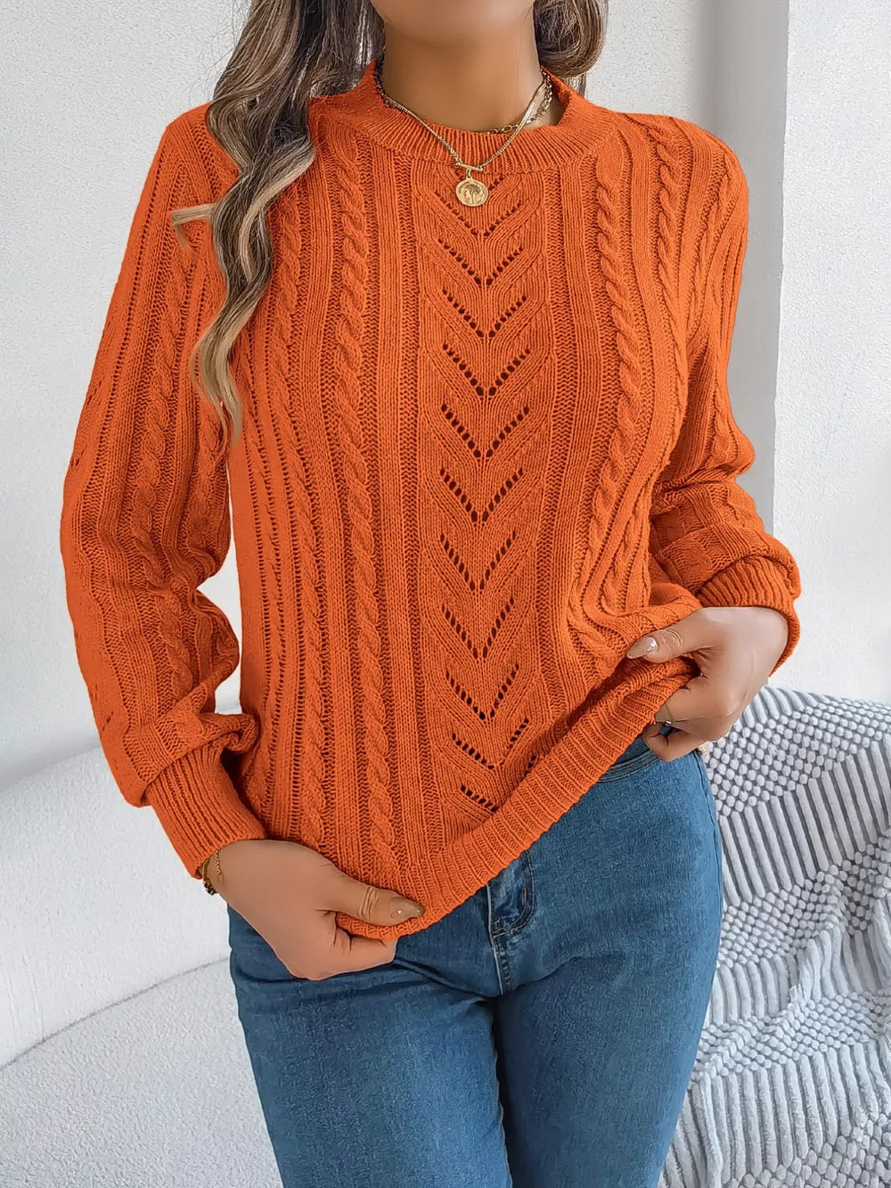 Women's Rust Cable Knit Sweater - TEVQA