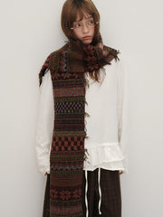 Vintage Fair Isle Jacquard Knit Scarf Wool Blend Raw Edge - Brown Pattern