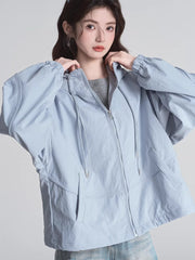 Hooded Zip-Up Windbreaker Jacket Light Blue