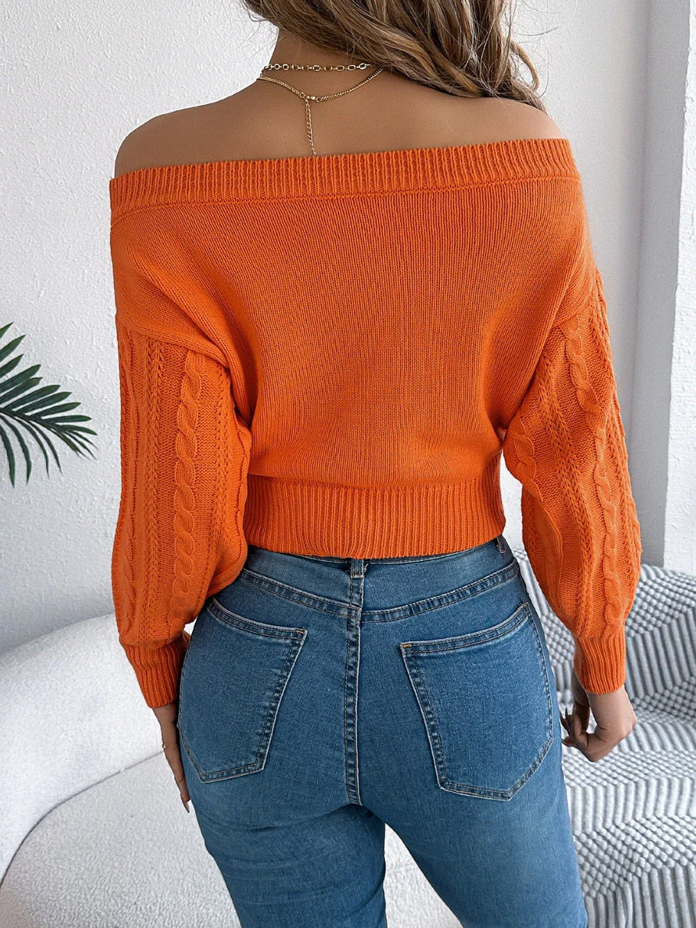 Khaki Off-Shoulder Cable Knit Sweater - View 12 | TEVQA