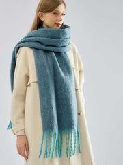 Women's Extra-Long Bouclé Scarf Soft Chunky Knit Winter Wrap with Fringe - Teal Blue