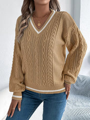 Cable Knit V-Neck Sweater - View 9 | TEVQA