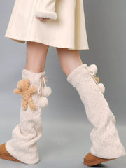 Black Wool Blend Cable Knit Leg Warmers with 3D Teddy Bear