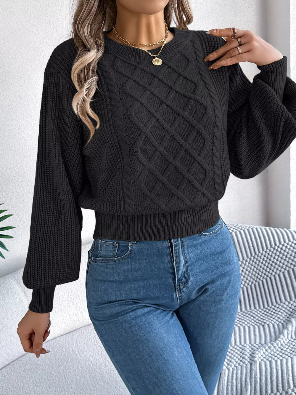 Orange Cable Knit Cinched Waist Sweater - View 16 | TEVQA