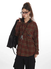 Vintage Red Plaid Hooded Flannel Shirt - TEVQA