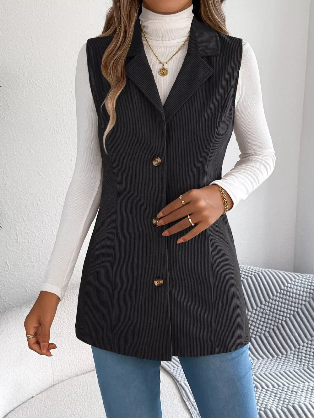 Beige Corduroy Button Down Vest - TEVQA