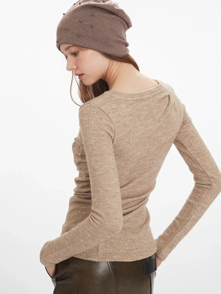 Oatmeal asymmetrical knit top with ruched detail - View 6 | TEVQA