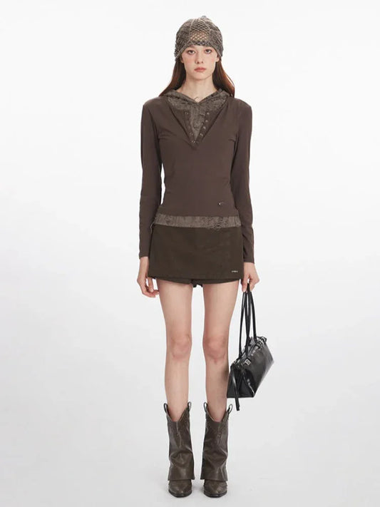 Vintage Mocha Layered Look Hoodie - TEVQA