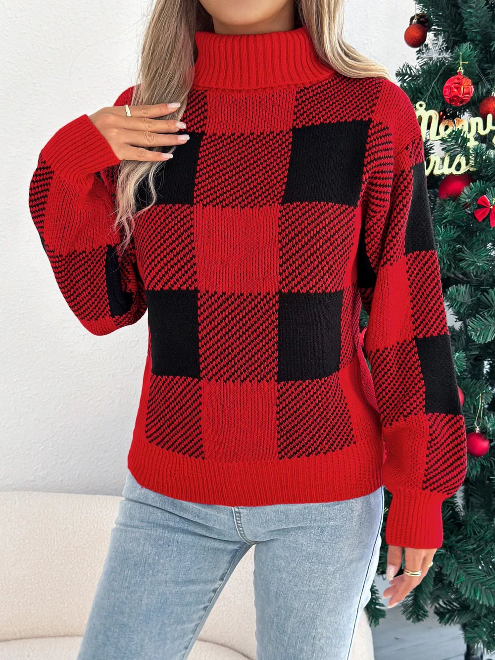 Buffalo Plaid Turtleneck Sweater - View 11 | TEVQA