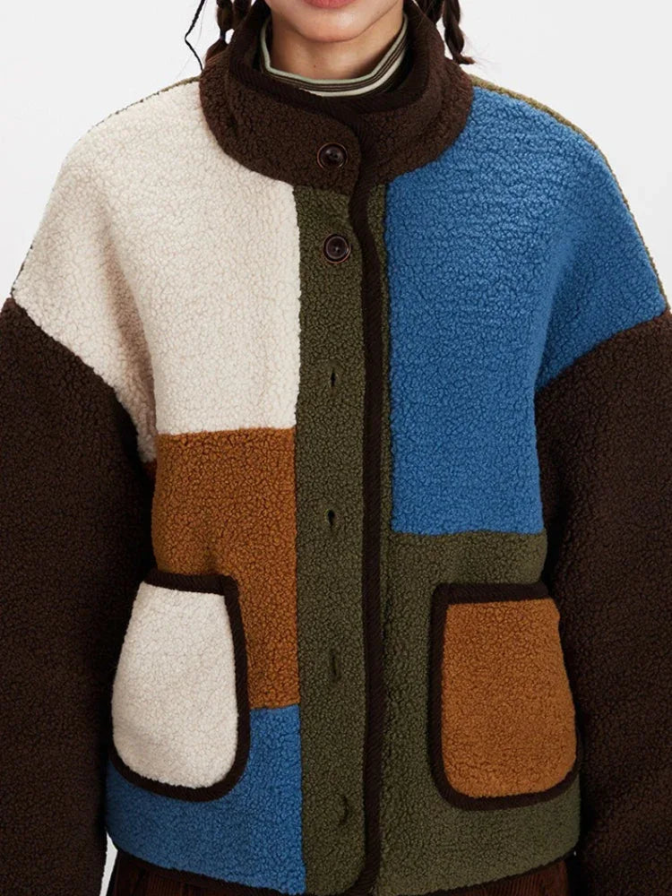 Retro Patchwork Sherpa Fleece Jacket - TEVQA