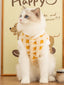 A fluffy white cat with blue eyes sits facing forward, wearing a yellow and white patterned fleece vest with white trim.