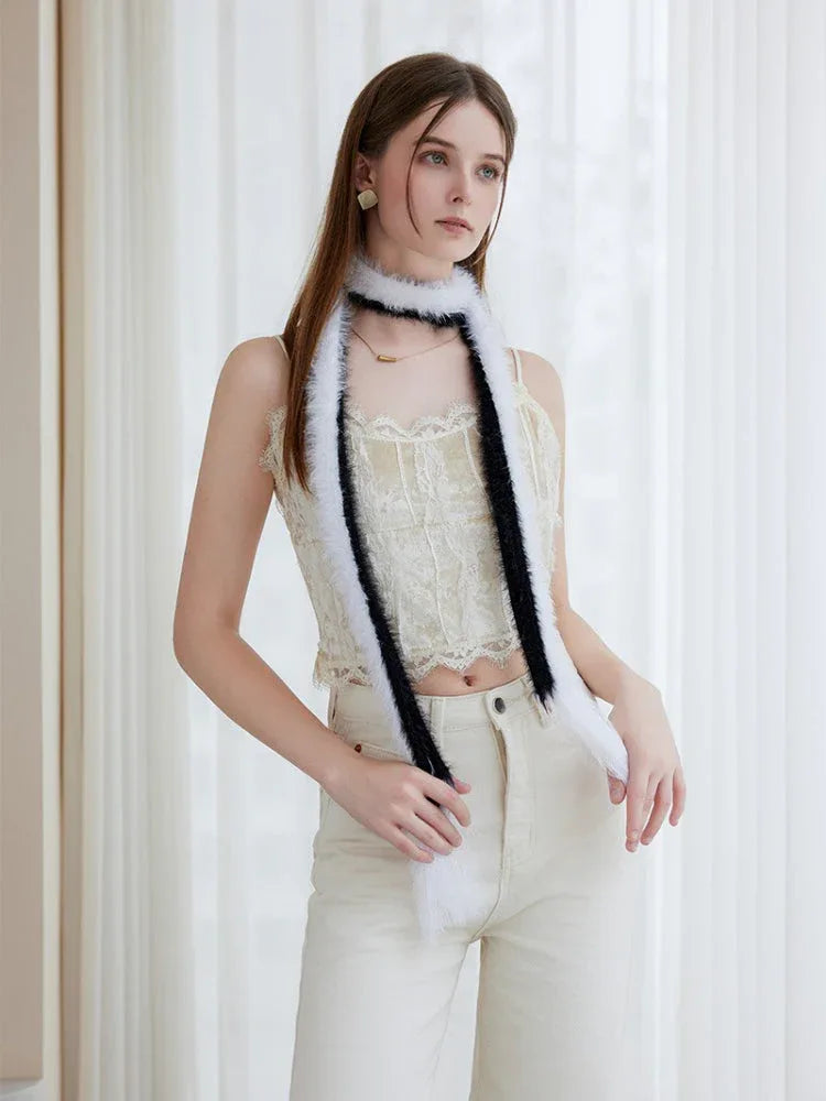 Black & White Faux Mink Skinny Scarf - TEVQA