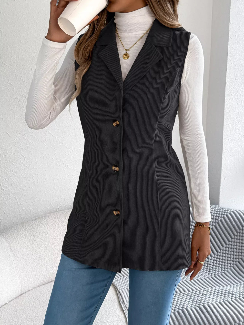 Beige Corduroy Button Down Vest - TEVQA