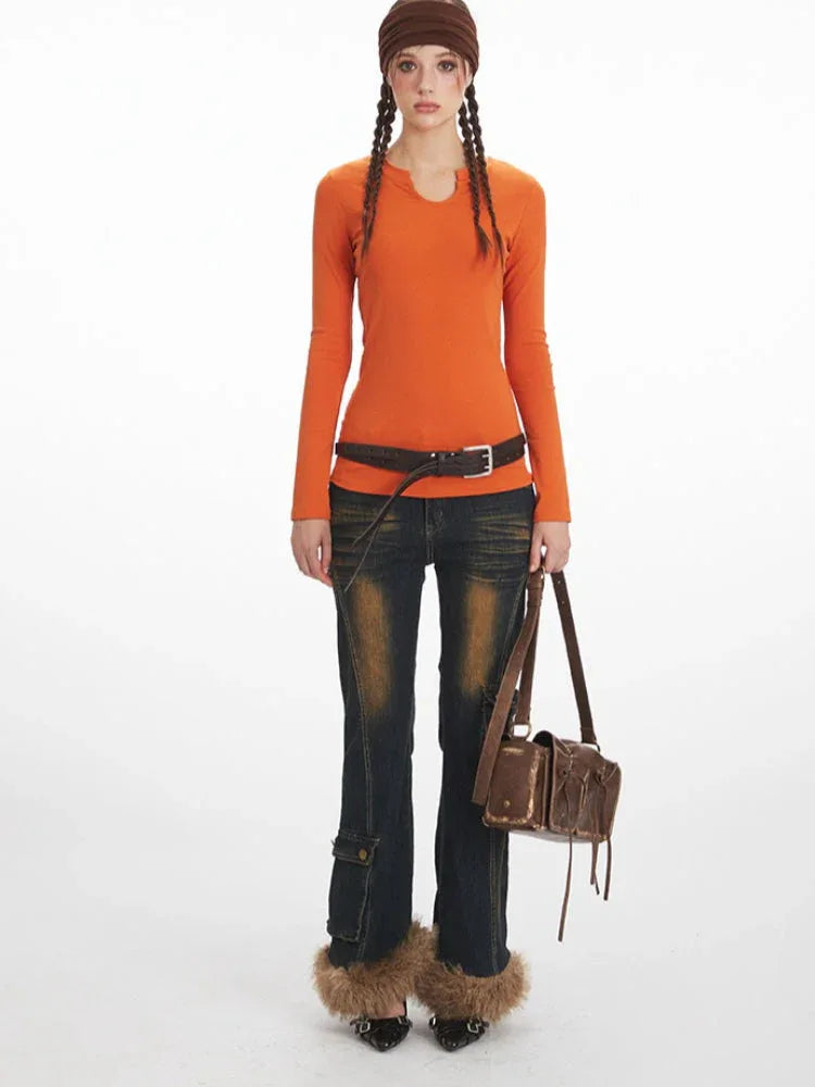 Vintage Pumpkin Orange Split Neck Long Sleeve Top - TEVQA