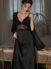 Lace Trim Satin Robe and Slip Set - View 20 | TEVQA